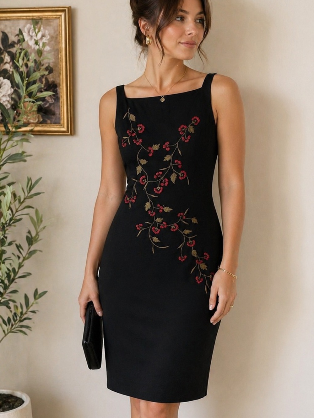 Ann Taylor Black Sheath Dress Floral Embroidered Sleeveless 6 Elegant Classic